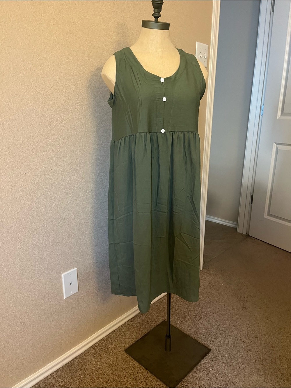 Sleeveless Olive Green Button-Front Midi Dress